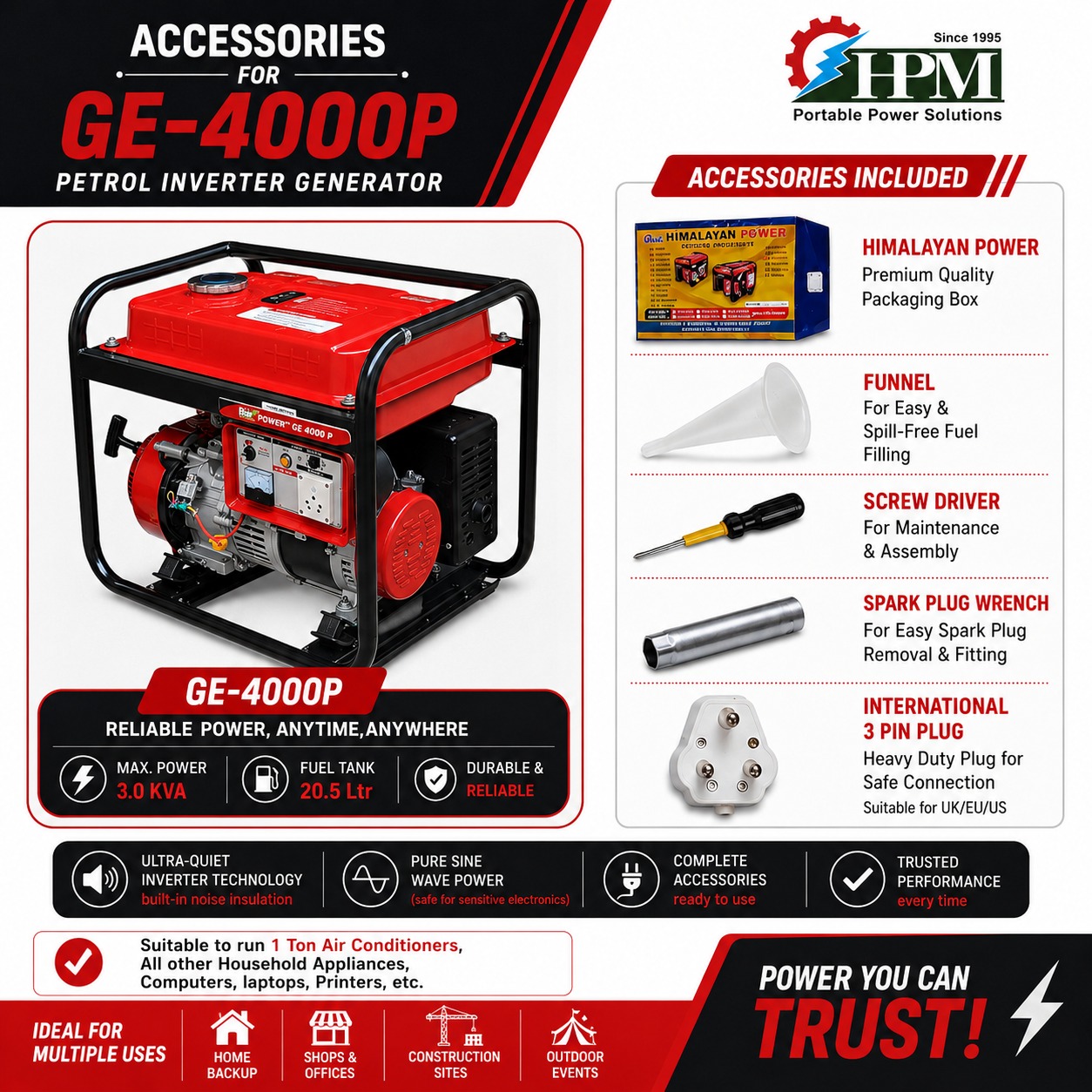 4 KVA Recoil Start Portable Petrol Generator - 12L Tank  GE-4000P